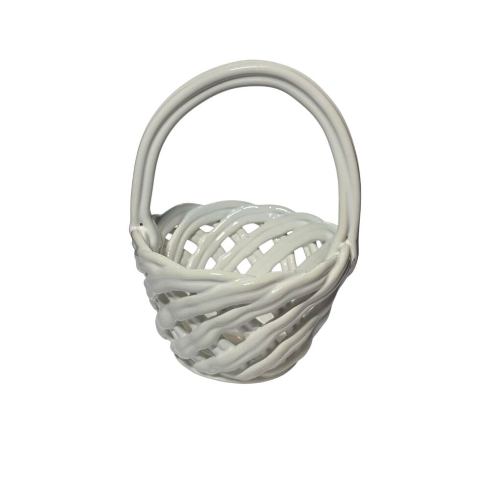 Vintage Handmade Italian White Lattice Woven Ceramic Basket
